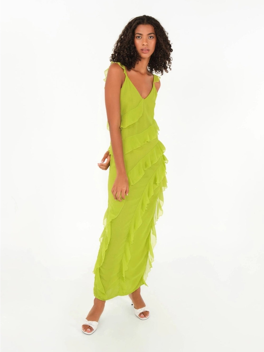 The Lulo Project Cascade Dress Lime Chiffon Green Ruffle V-Neck Maxi Dress